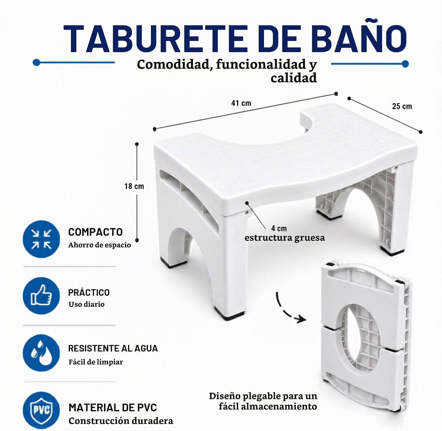 Medidas del taburete de baño MAGIC SELECT: 41 × 25 × 18 cm, PVC, estructura de 4 cm