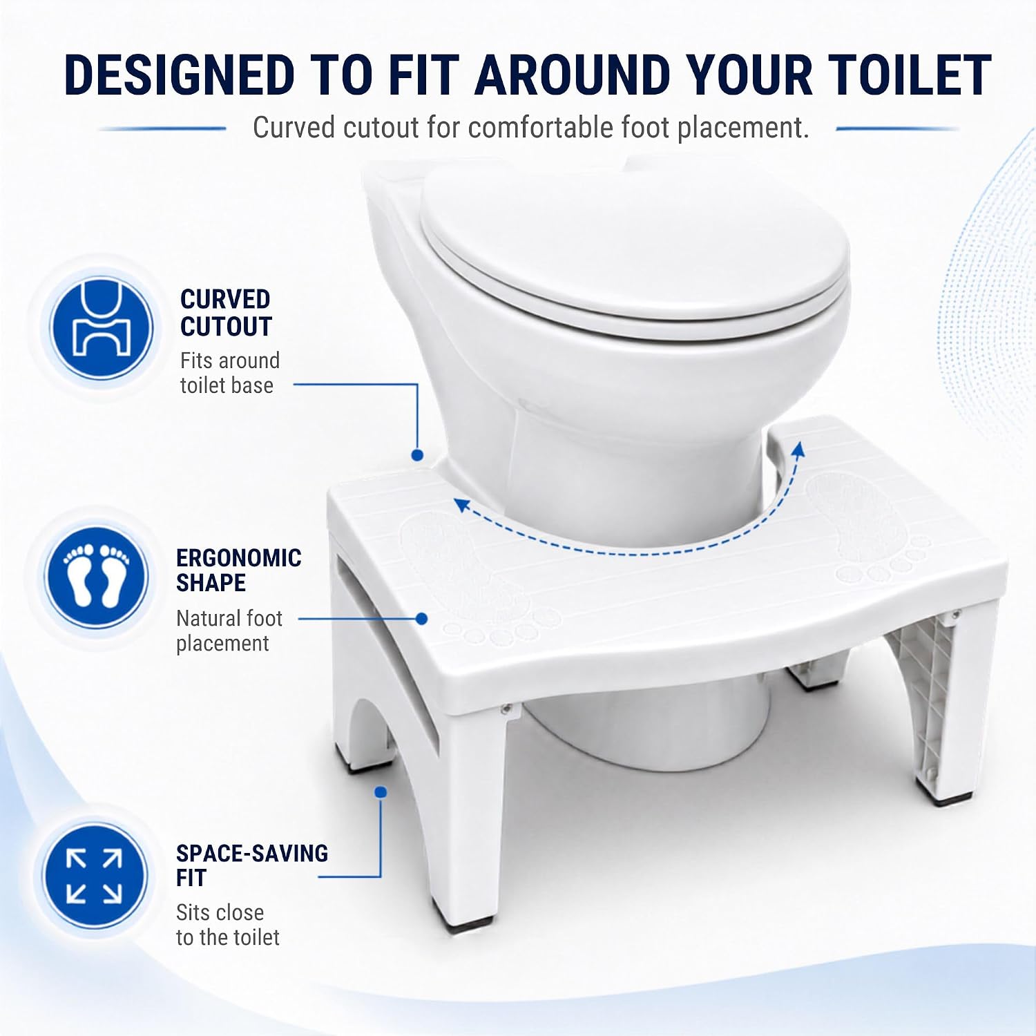 Taburete MAGIC SELECT colocado alrededor de la base del inodoro, con recorte curvo ergonómico